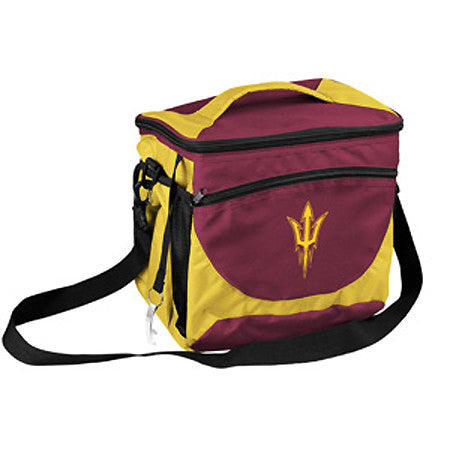 Lunch Box in maroon and gold with removable black shoulder strap and zippers 