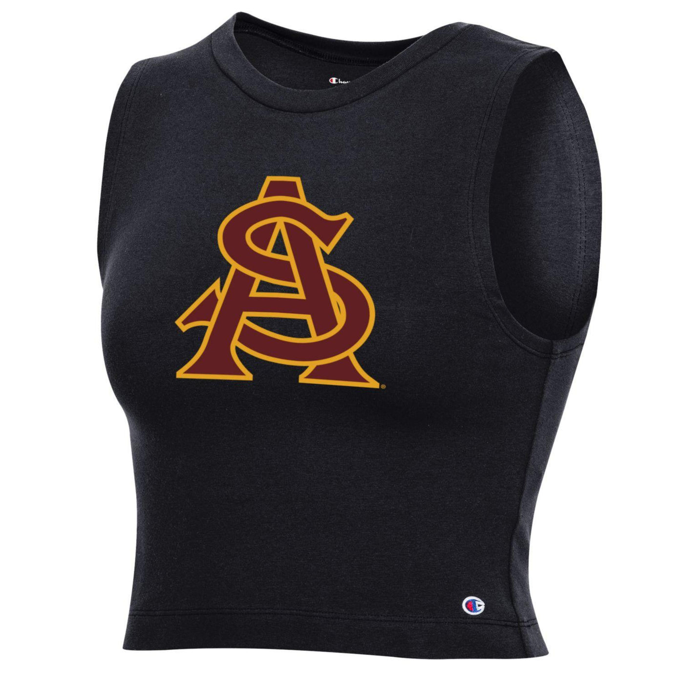 ASU black cropped womens tank with the interlocking A&S logo in maroon outlined in gold on the front.