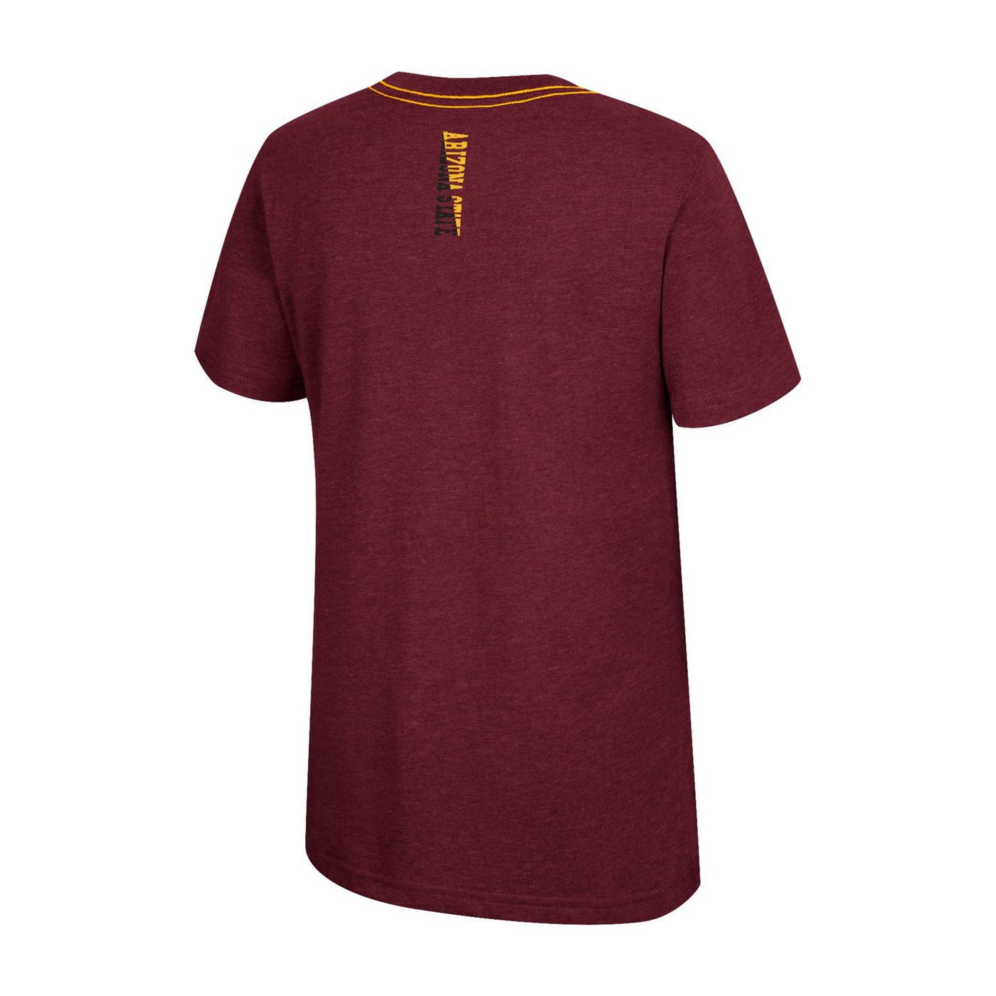 Backside of ASU maroon youth shirt with a small vertical text by neckline 