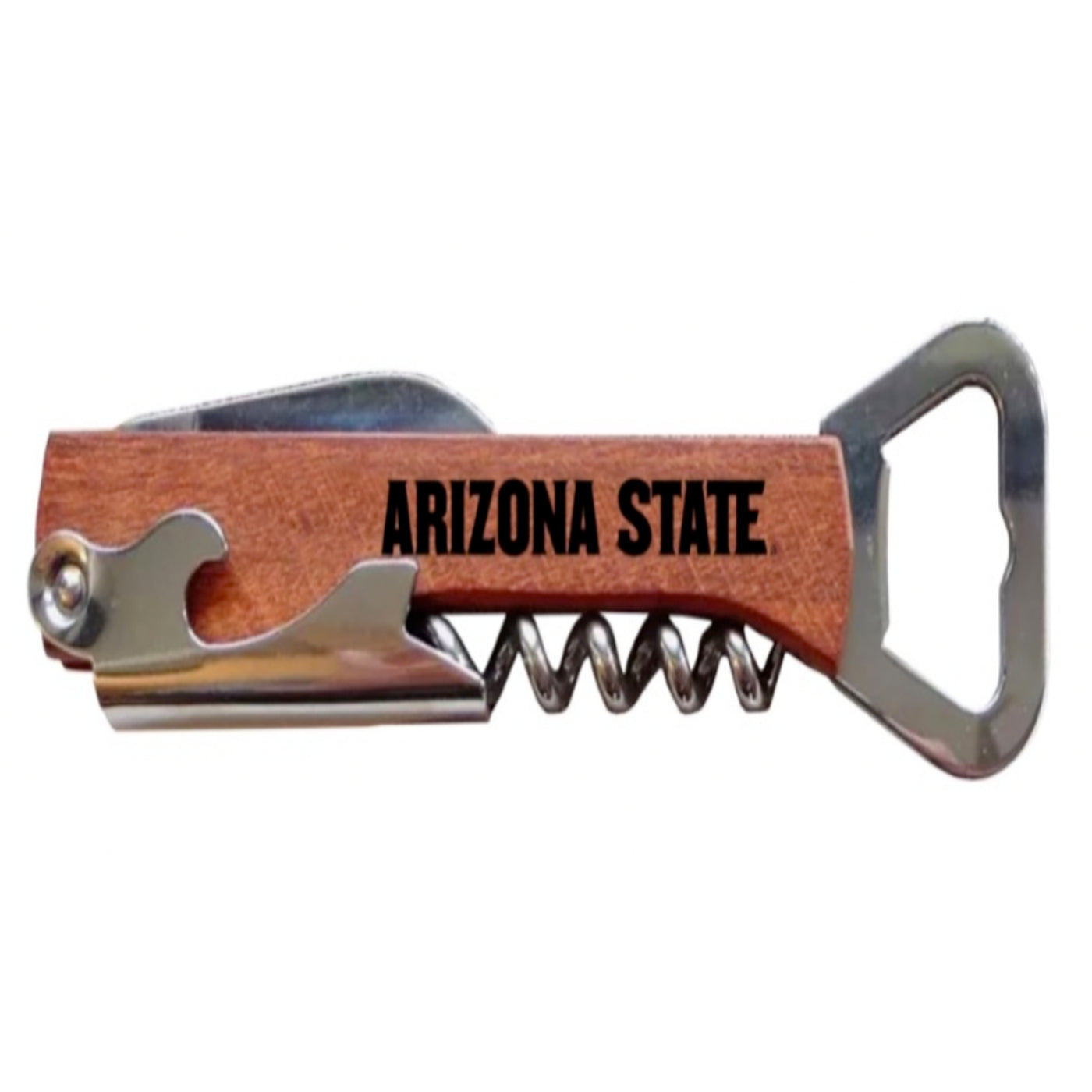 ASu wood wine/bottle openers with 'Arizona State' lettering carved into the wood