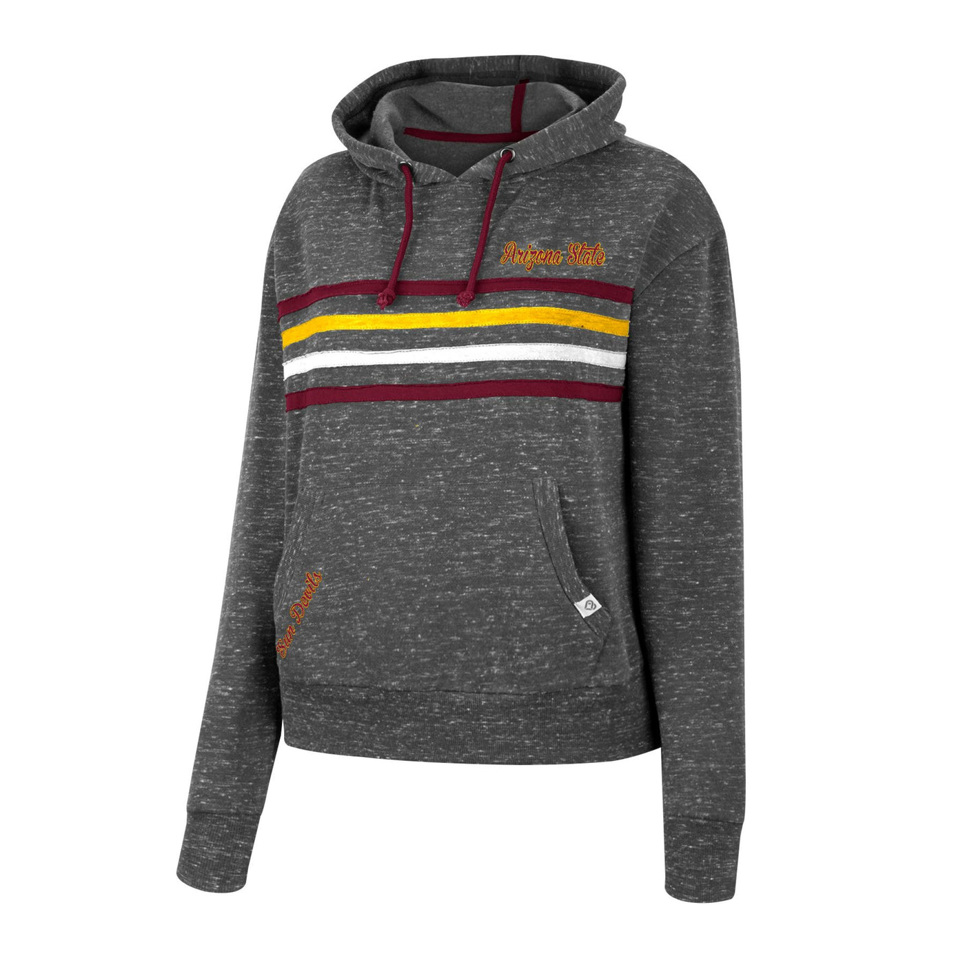 ASU heather black hoody with a drawstring, colorful strips on the chest and a front pouch pocket