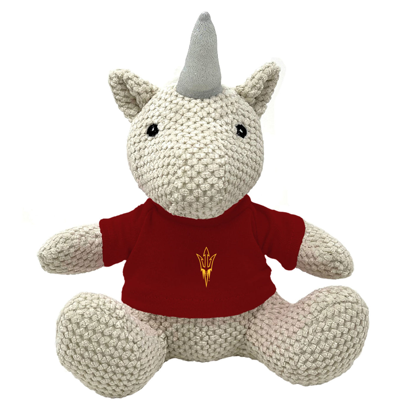 ASU white textered stuffed unicorn with a silver horn. Unicorn is wearing maroon shirt with a gold outlined pitchfork logo on it. 