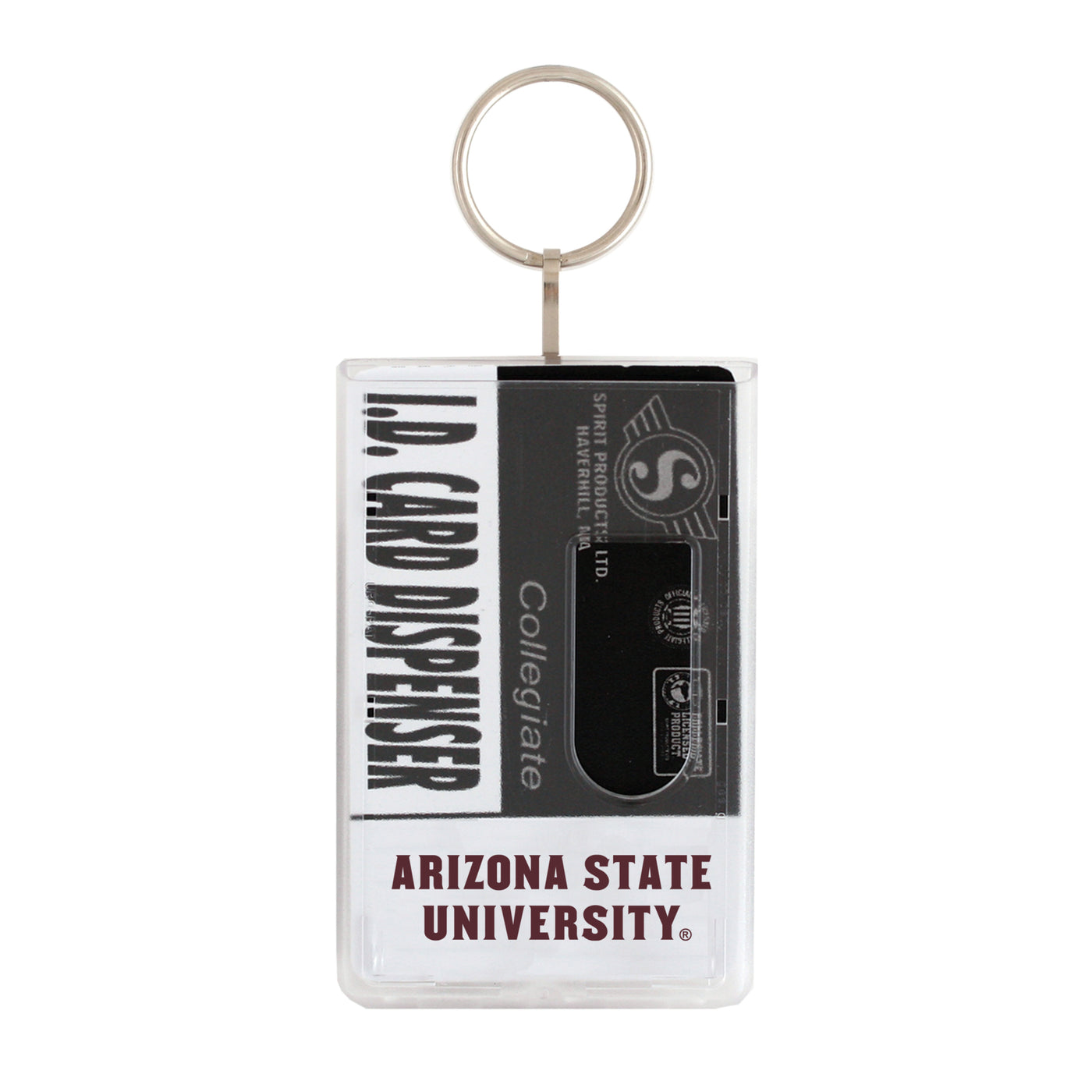 ASU ID card dispenser with 'Arizona State University lettering at the base, a thumb hole for card sliding, and a keychain attachment