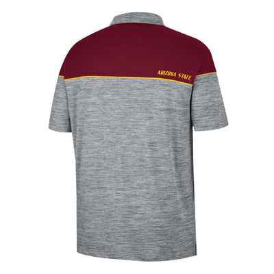 Back view of ASU gray heather polo with maroon section on the shoulders with 'Arizona State' on the back