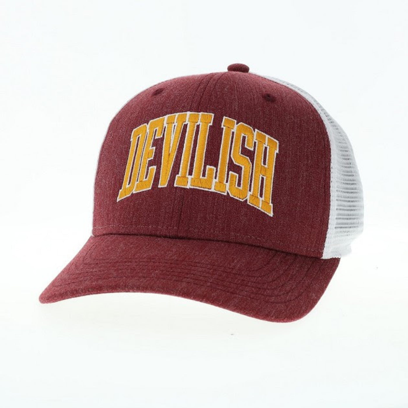 Shows the front view of a maroon and white trucker hat featuring 