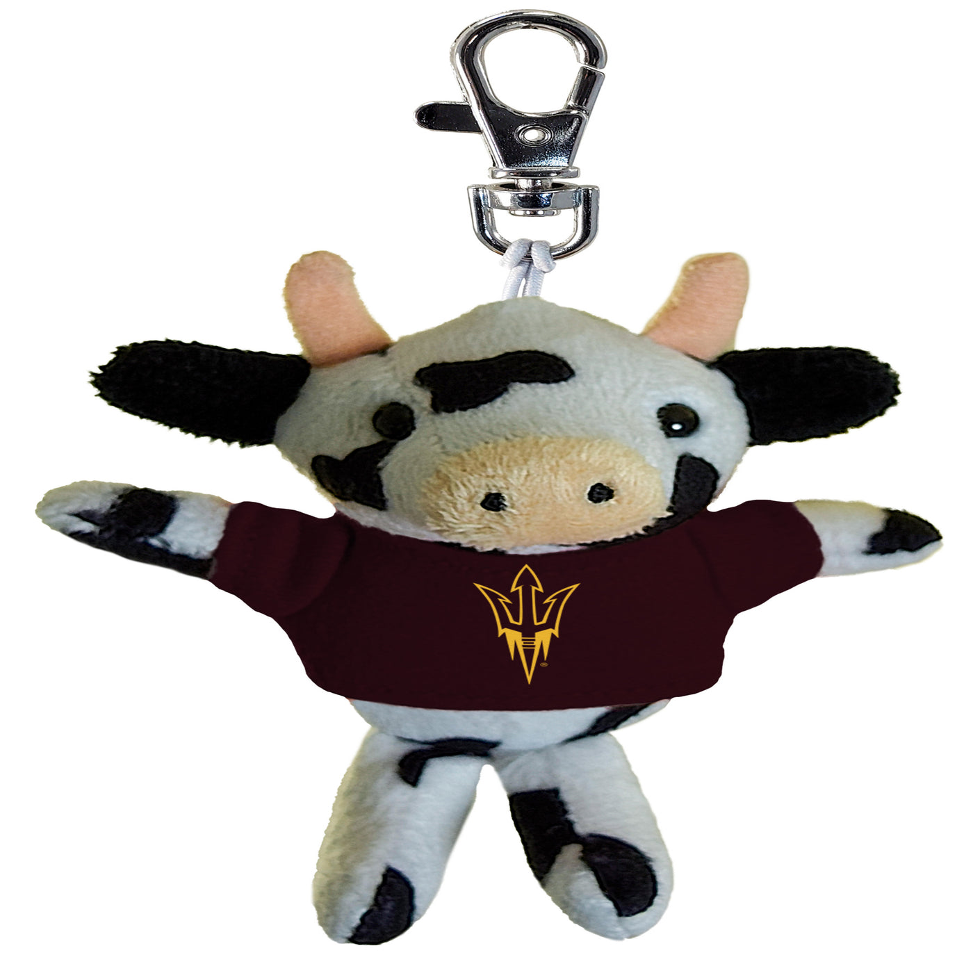 ASU key chain with small black and white cow with horns. The cow is wearing a maroon shirt with a gold pitchfork outline on the chest. 