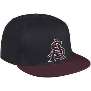 Side profile of ASU Fitted hat in black and maroon with embroidered maroon and white interlocking 'A' and 'S' lettering