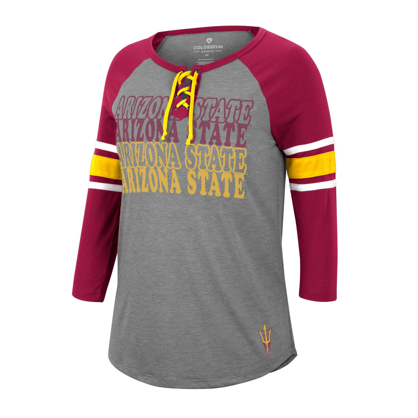 ASU maroon and grey long sleeve. Arizona State text is repeated four times in bubble font in maroon and gold. The collar has a v neck that is laced up with a gold string. Both sleeves have one gold and two white bands around the elbows. 