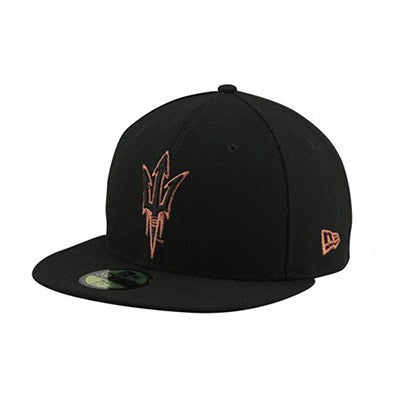 ASU black fitted hat with an embroidered copper pitchfork outline