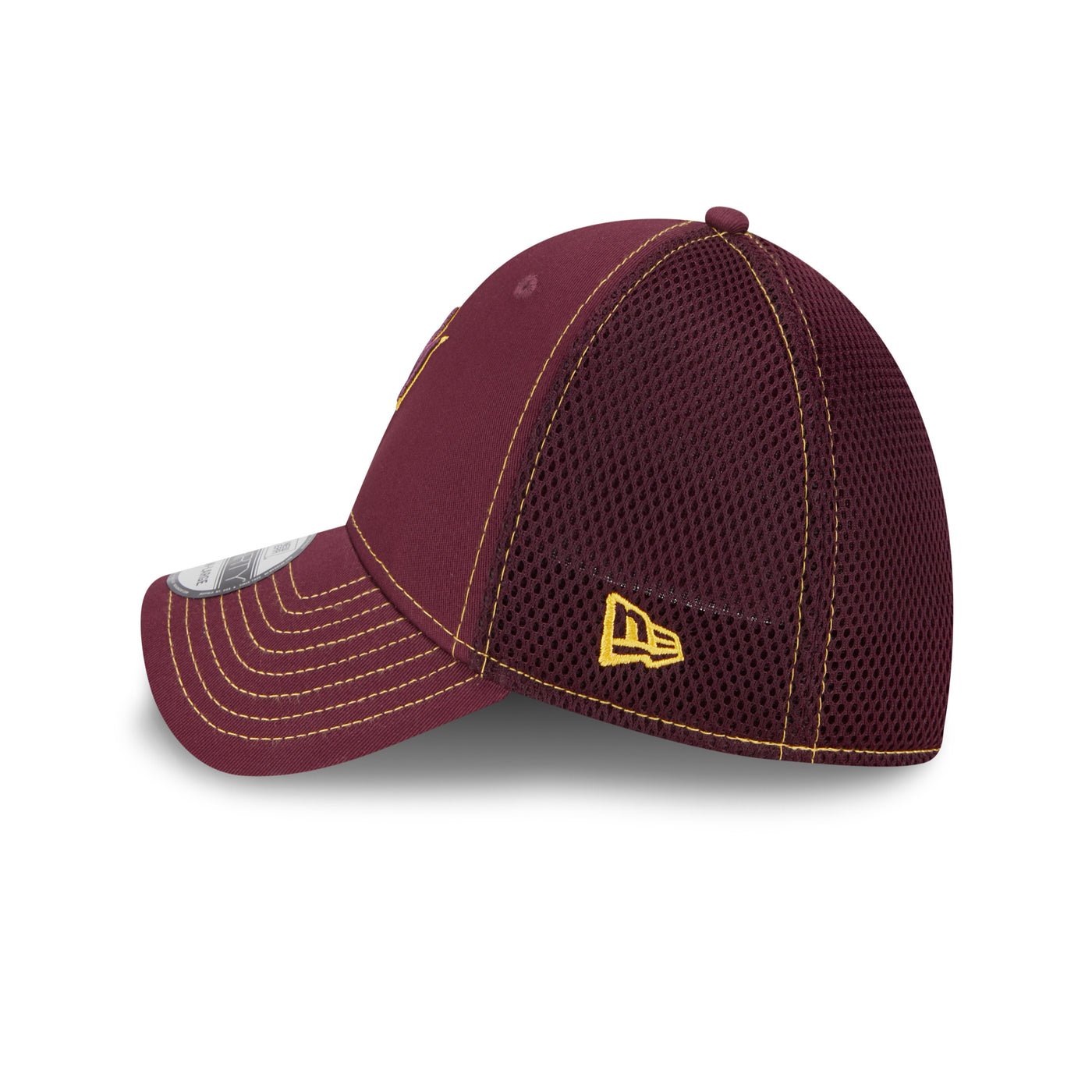 Side view of  ASU maroon strectch fit hat with darker maroon mesh on back panels and a gold outlined pitchfork on the front
