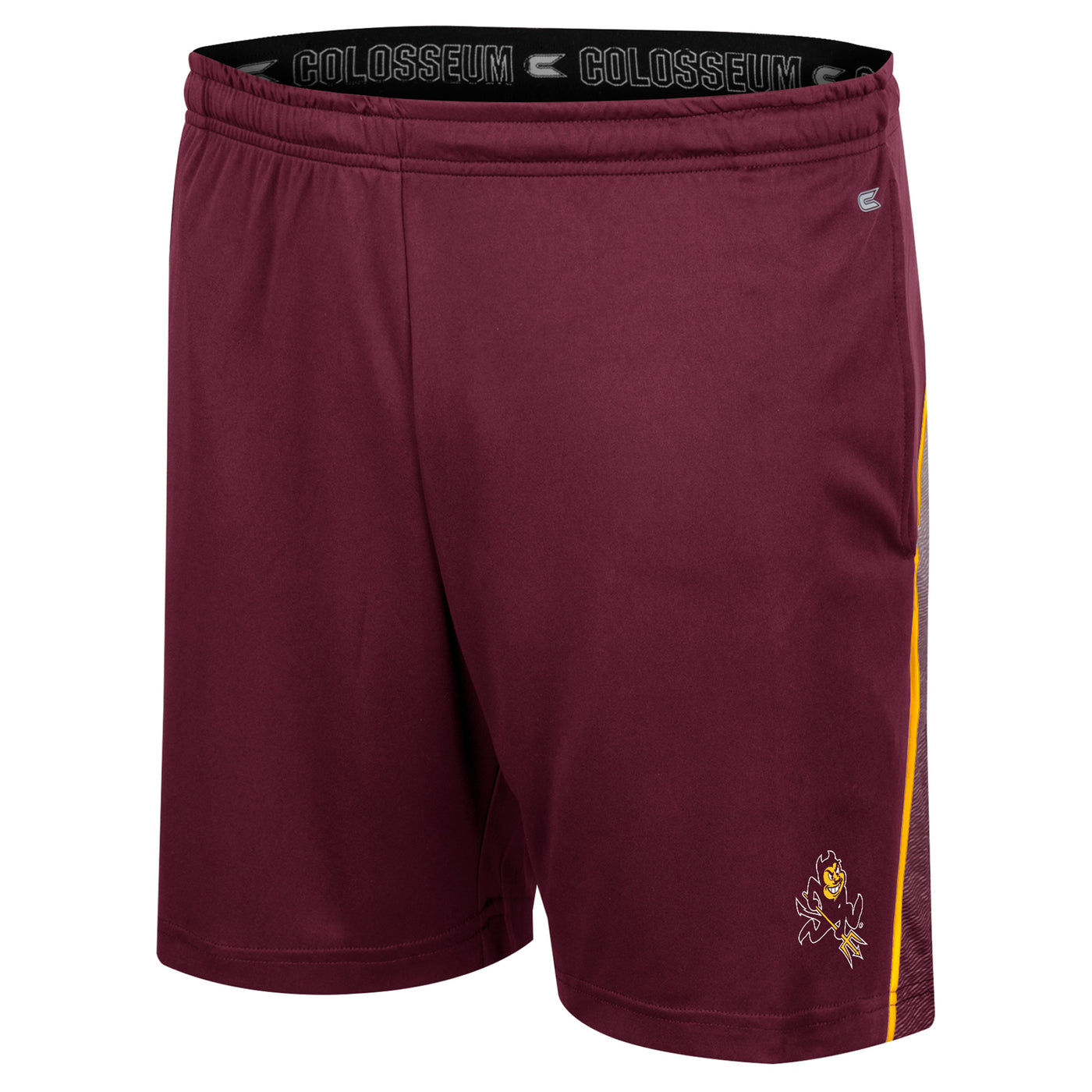 Mens maroon, athletic, shorts. Sparky mascot on bottom corner. Vertical gold strip down the side of the short.