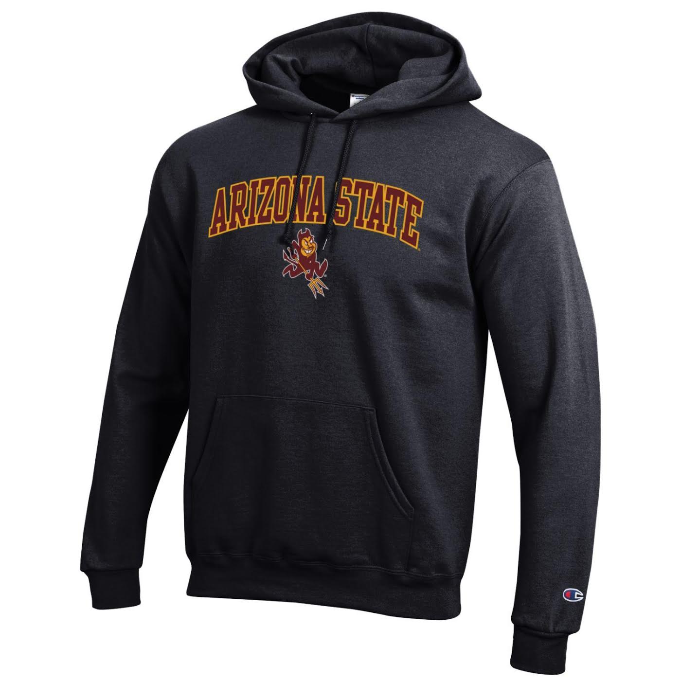 ASU black Champion hoody with single front pocket and 'Arizona State' arched over Sparky 