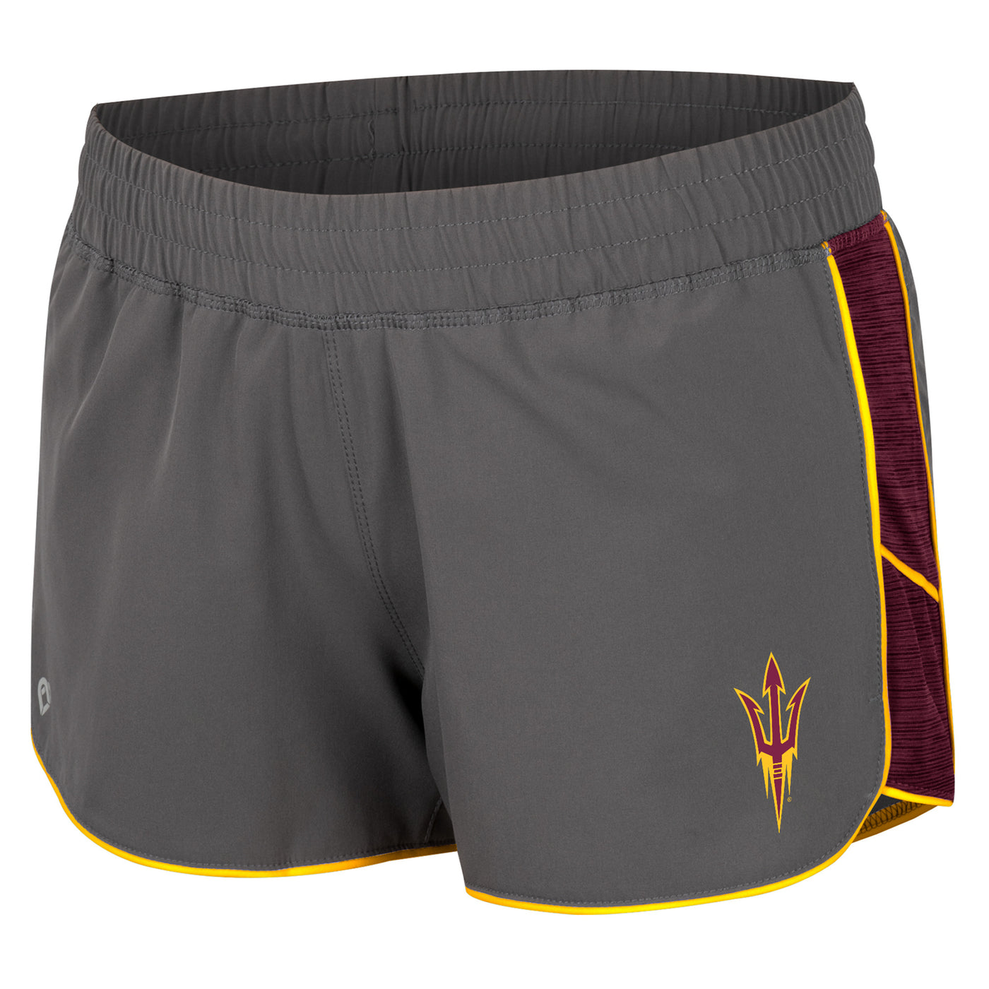ASU gray shorts with maroon and gold side panels and a pitchfork on the left leg