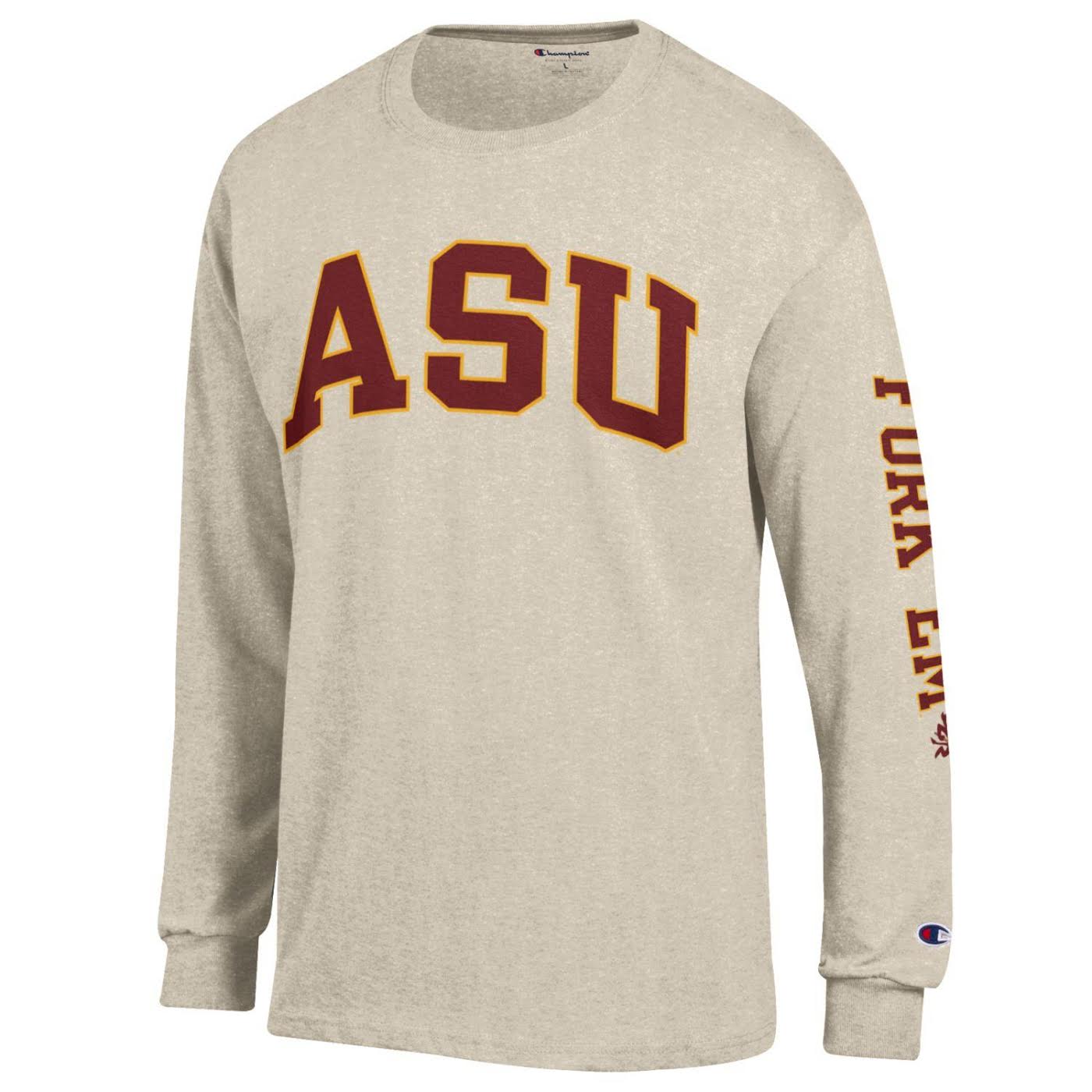 ASU oat Champion long sleeve with 'ASU' on the front and 'Fork 'um' on the left sleeve