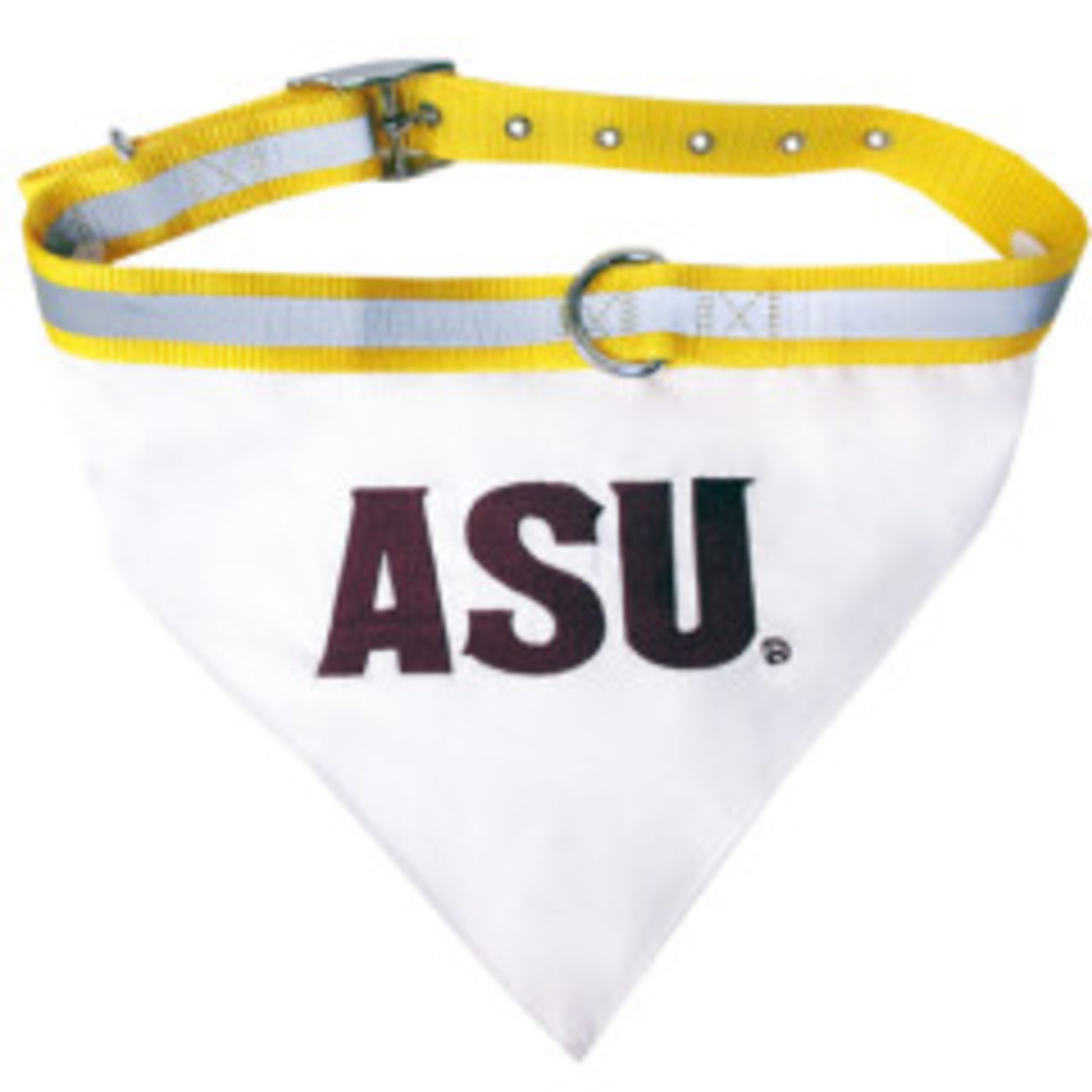 ASU gold dog collar with reflective stripe with white bandana with 'ASU' lettering