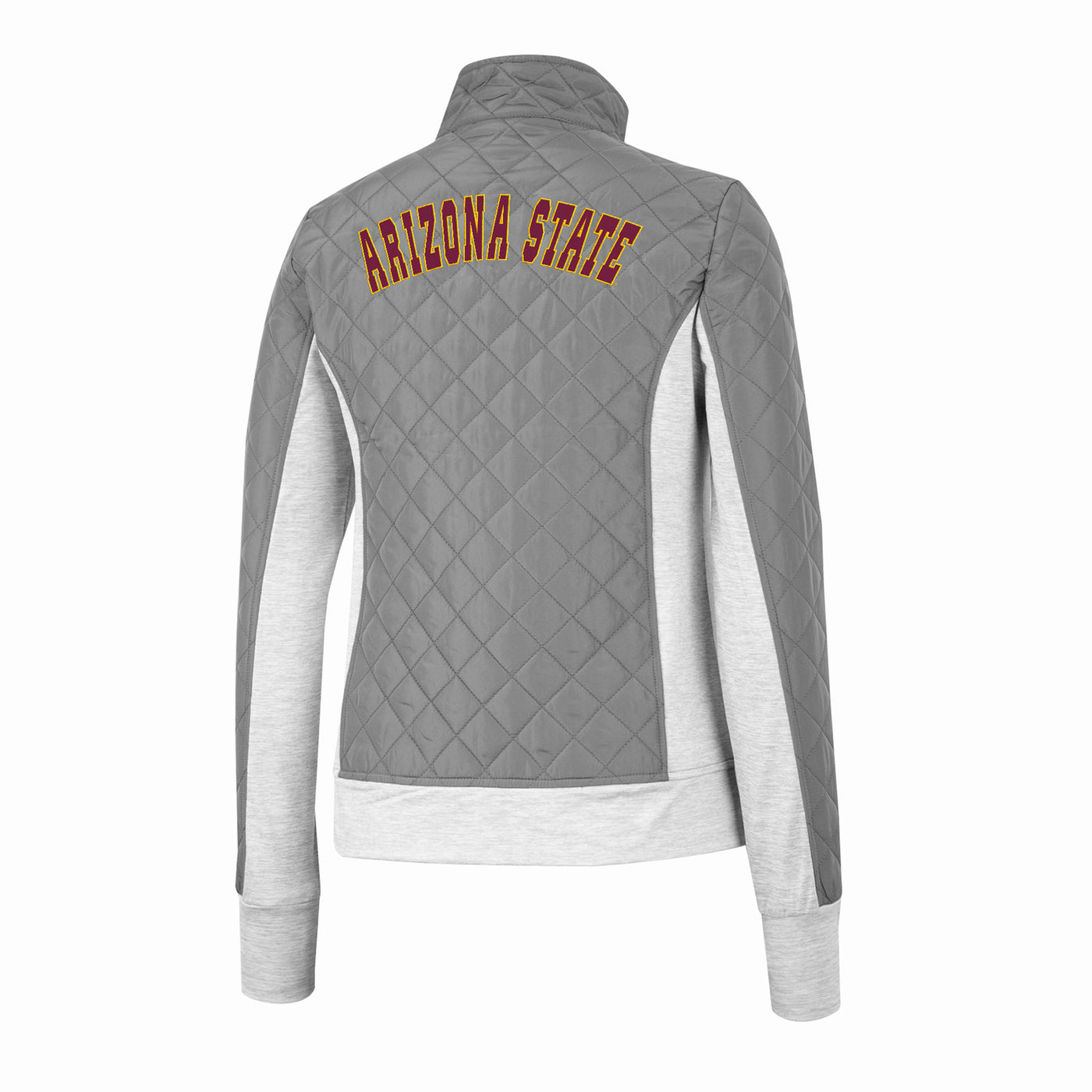 ASU women's gray jacket with 'Arizona State' embroidered letters arched on the upper back