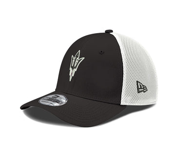 Left profile of ASU black hat with white mesh back and pitchfork