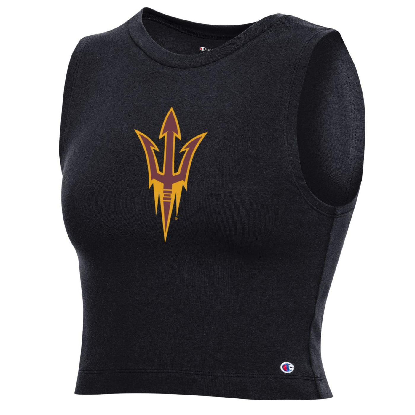 ASU black cropped tank top featuring an ASU pitchfork on the chest. Pitchfork is maroon with gold outline.  