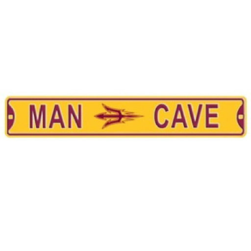 ASU gold metal sign with 'Man Cave' lettering and detailing in maroon with a sideways pitchfork in the middle