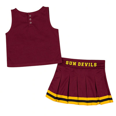 Back side of maroon ASU cheer set. The back of the skirt has sun devils in text on the waistband. 