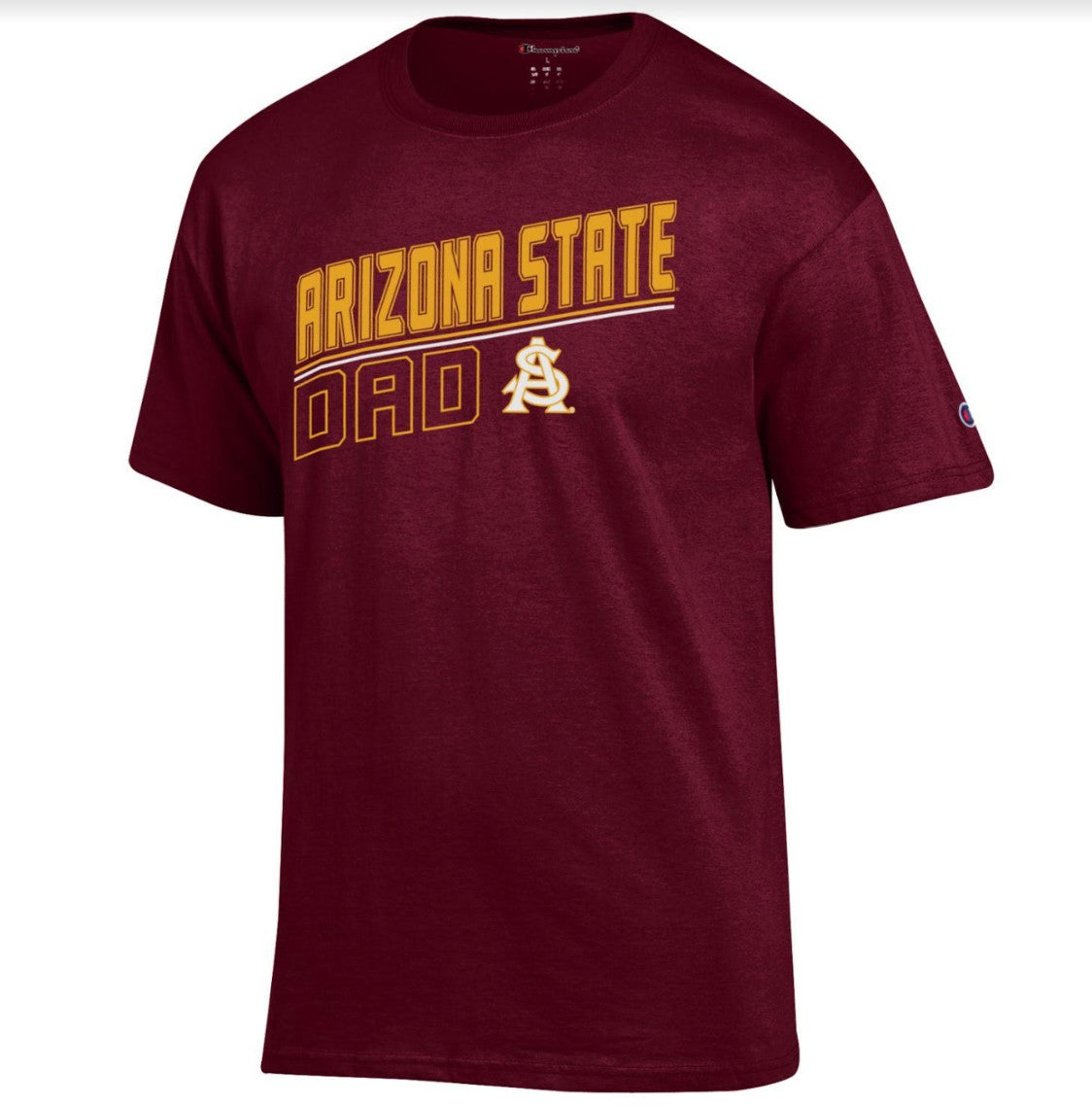 ASU maroon Champion tee with 'Arizona State' text above 2 stripes and 'Dad' next to an interlocking 'A' and 'S'