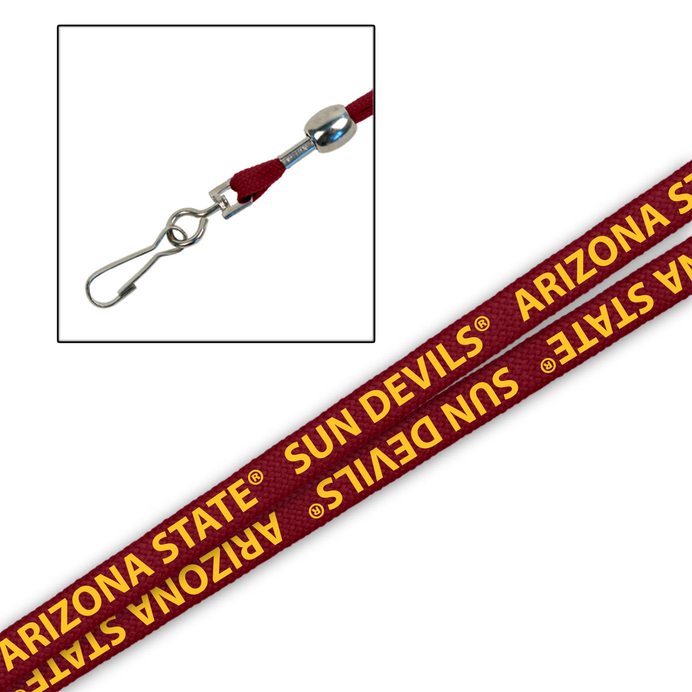 ASU Shoestring lanyard maroon with 'Arizona State' 'Sun Devils' text repeating with key attachment and metal bead neck size adjuster