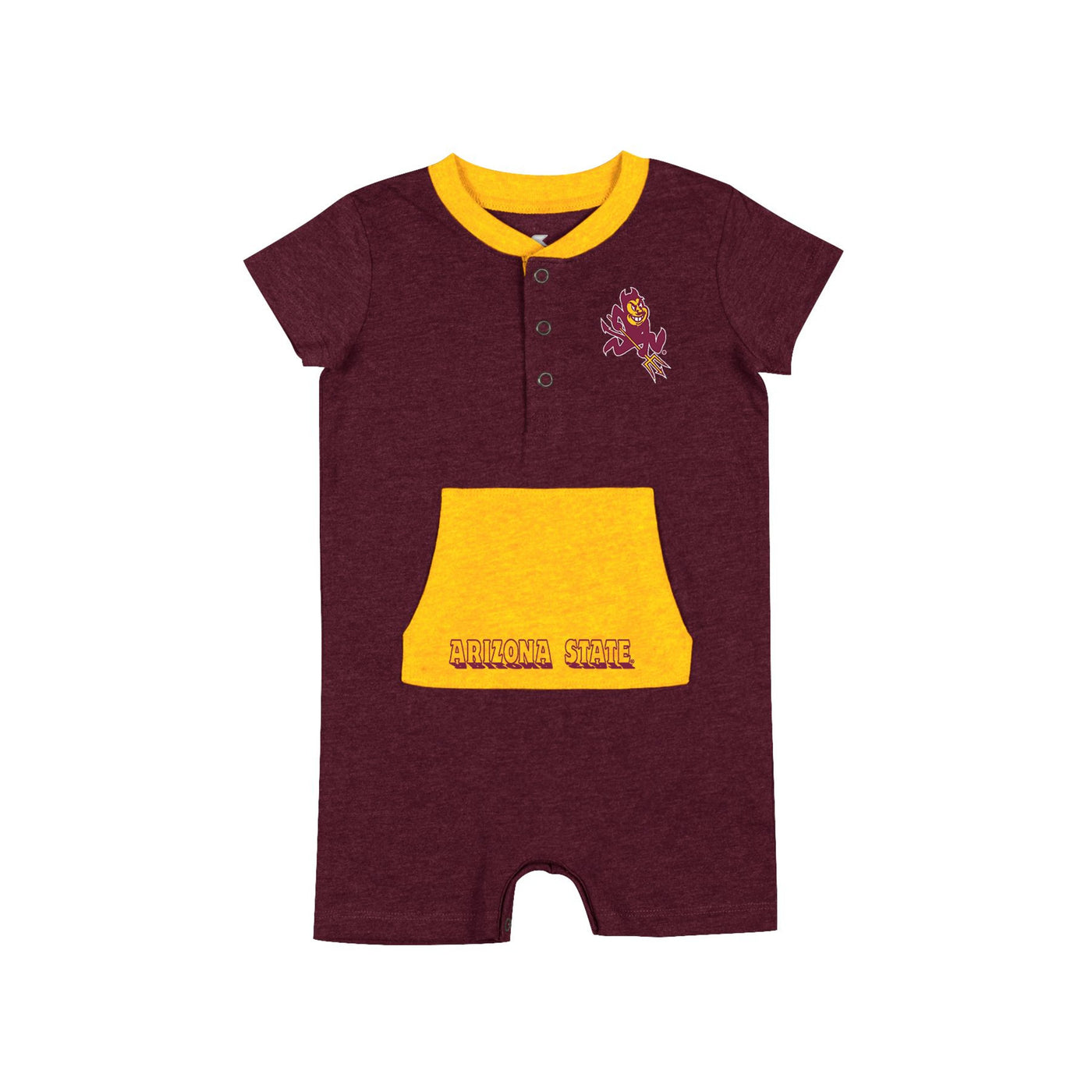 ASU maroon infant romper with small buttons on the chest. there is a large gold front pocket with the small maroon outline of the text 
