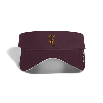 ASU maroon visor with gold outline pitchfork on the front. White edging along the brim of the visor. 