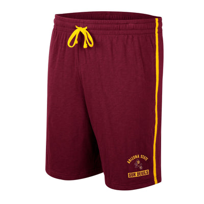 ASU men's maroon shorts with gold stripe down side of leg, gold drawstring, and Sparky print at the base of the left pant leg