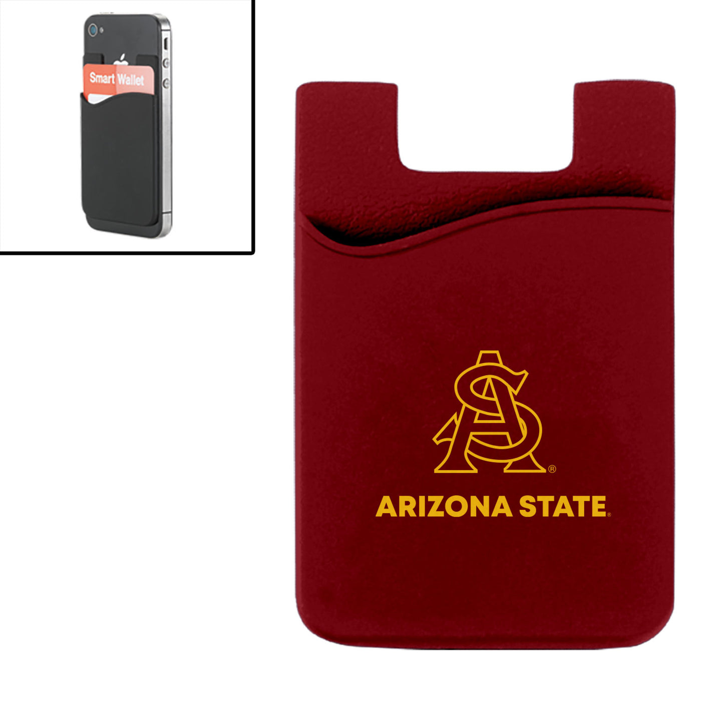 ASU maroon silicone wallet with A&S logo and Arizona State text in gold. Wallet is displayed sticking to the back of a phone. 