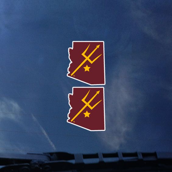 2 ASU decals stacked on top of each other of the State of Arizona in maroon with gold pitchfork and star in the middle
