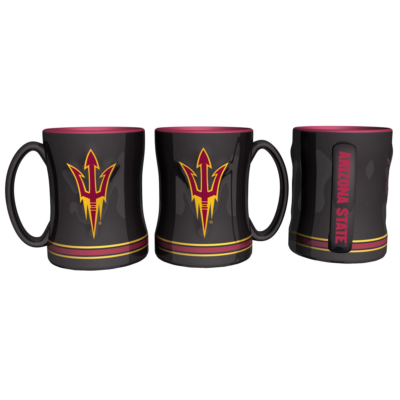 Front, Back, and Side views of ASU black mug with pitchfork on front and back and 'Arizona State' down the handle
