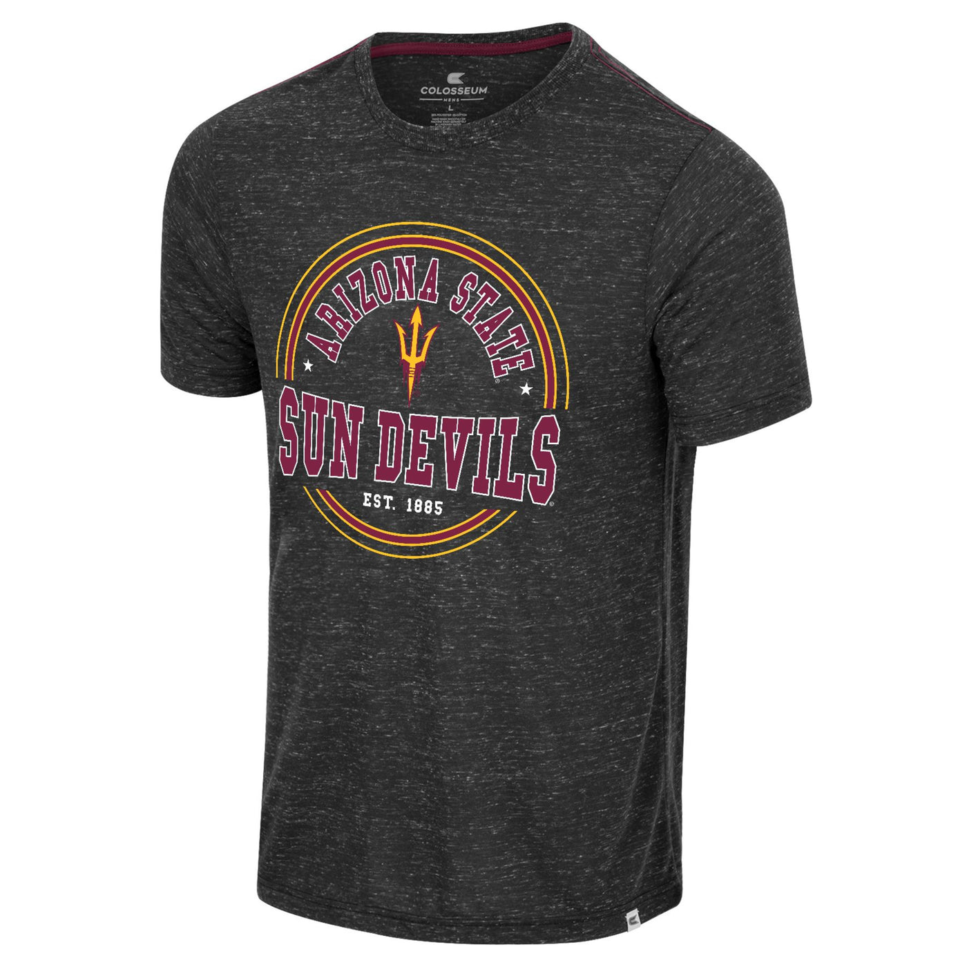 ASU Heather grey shirt with circle details in maroon and gold on the chest. Arched in the circle and over a pitchfork logo is  