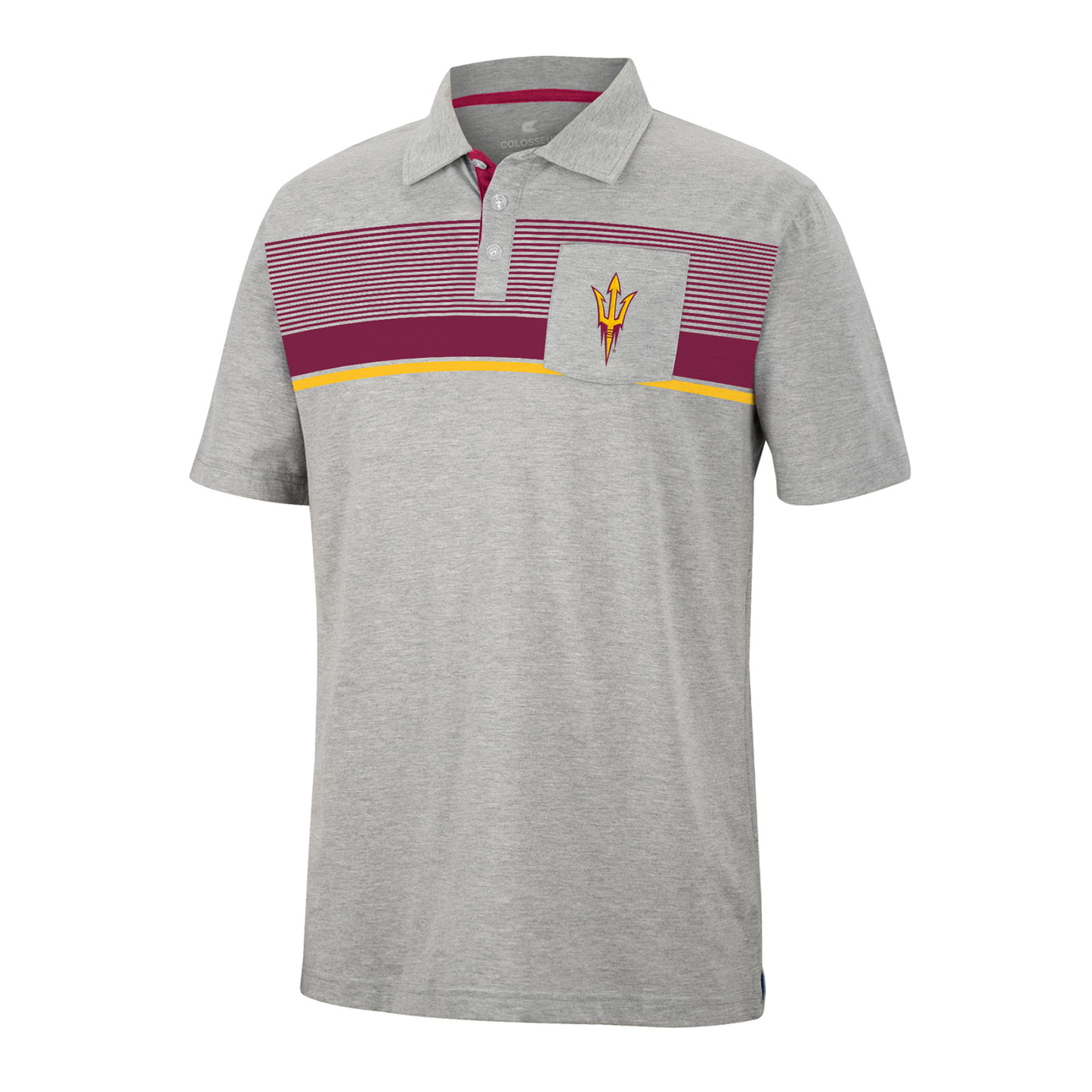 ASU gray polo with maroon stripes on chest under a gray pocket with a pitchfork on it