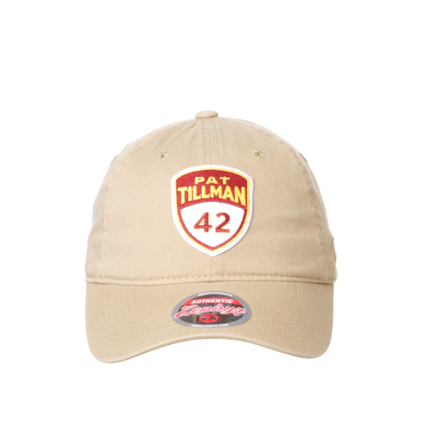 Shows the front of a khaki hat featuring a Pat Tillman shield on the front with a 42.