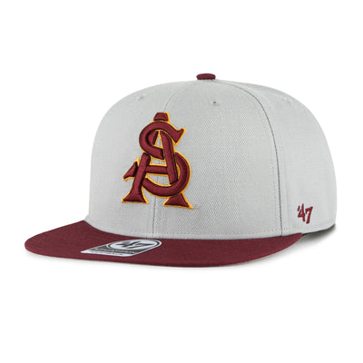 ASU grey flat-bill hat with maroon brim. Features an embroidered gold and maroon interlocking A&S logo. 