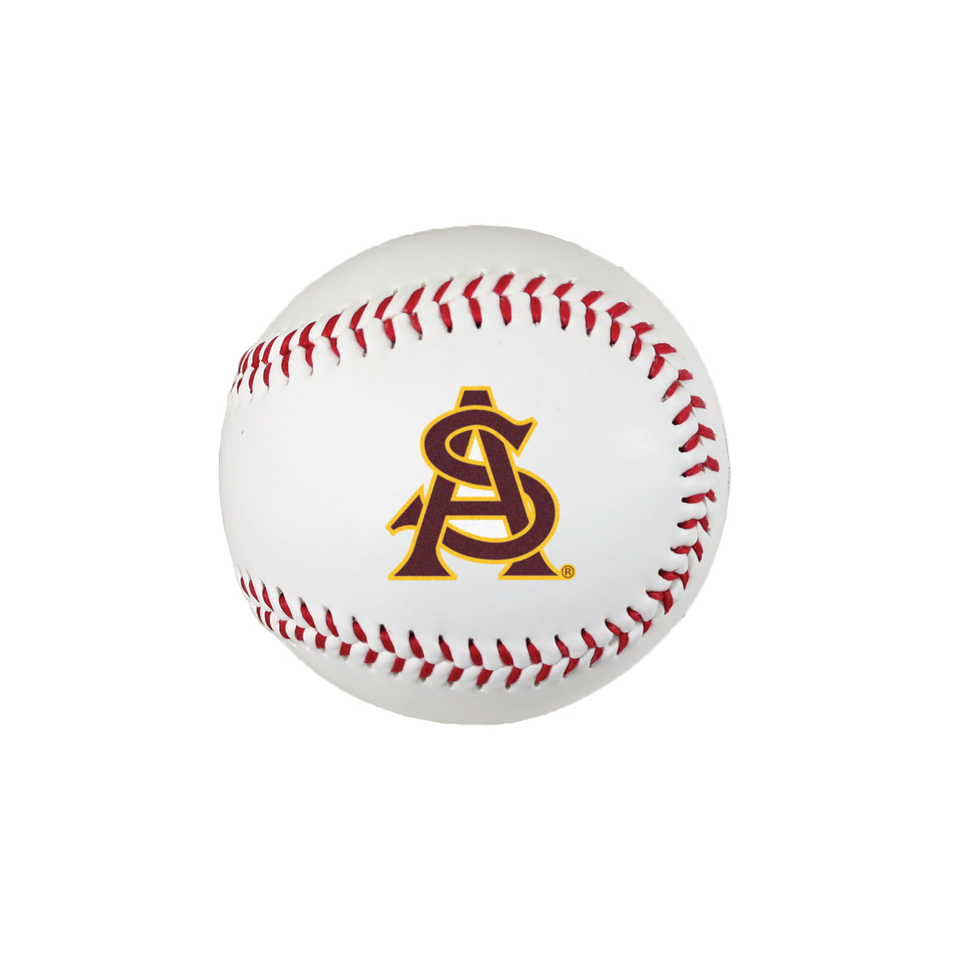 ASU baseball with maroon double stitching and an interlocking 'A' and 'S'