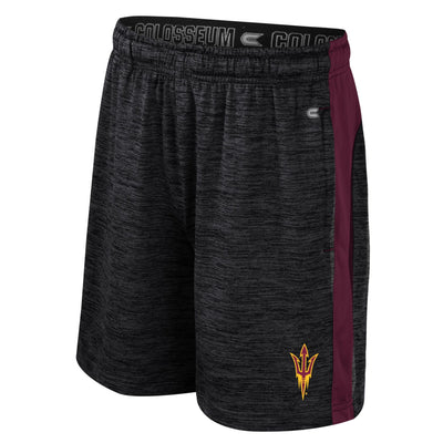 ASU youth black and grey static colored shorts with a maroon stripe down the side and a small pitchfork logo at the bottom.