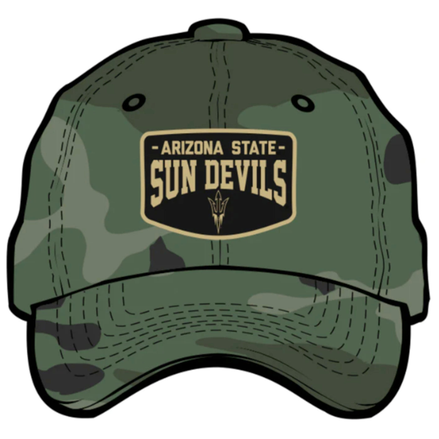 ASU green camo hat with tan Arizona State Sundevils text path  on the front. 