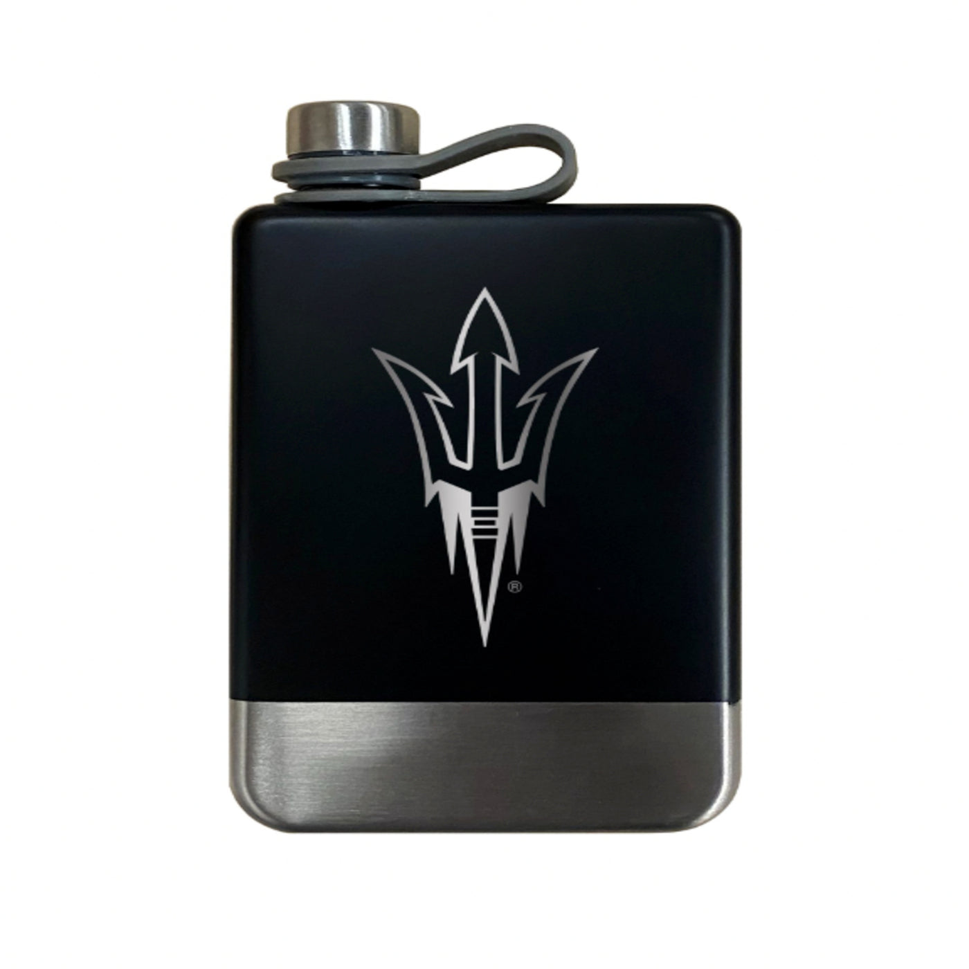 ASU stainless steel flask. Mainly black with pitchfork logo etched in to reveal the steel. 