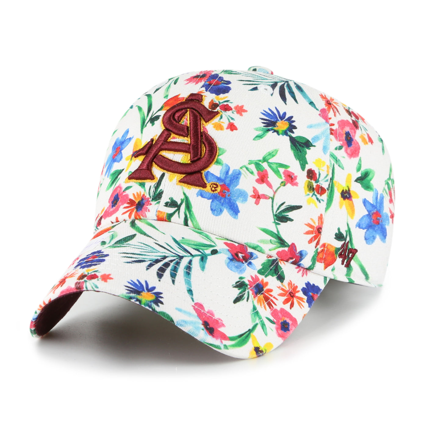 ASU white hat with floral design and a maroon interlocking 'A' and 'S' embroidered on