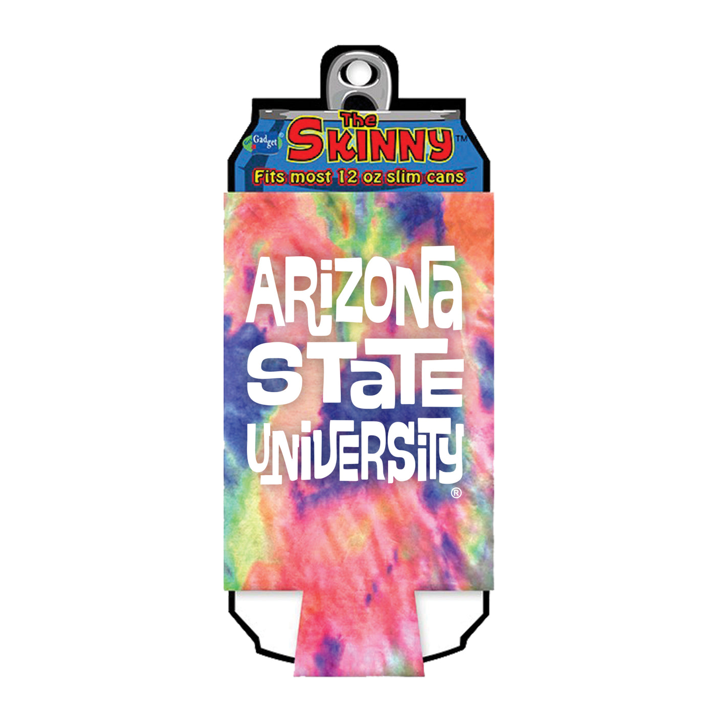 ASU slim can coozie with green, blue, pink, purple, and yellow tie dye