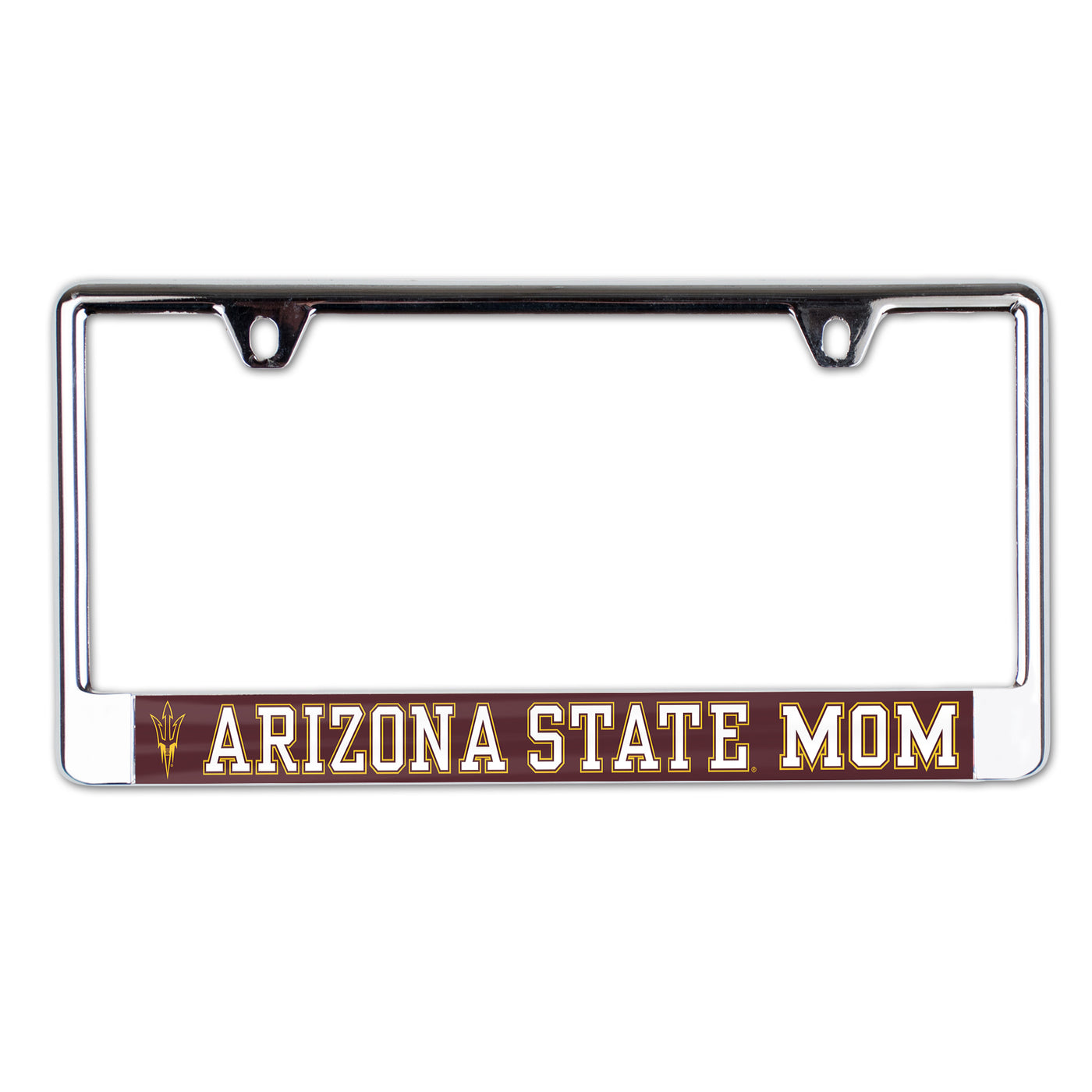 ASU license plate frame with maroon bottom with a pitchfork and 'Arizona State Mom' lettering