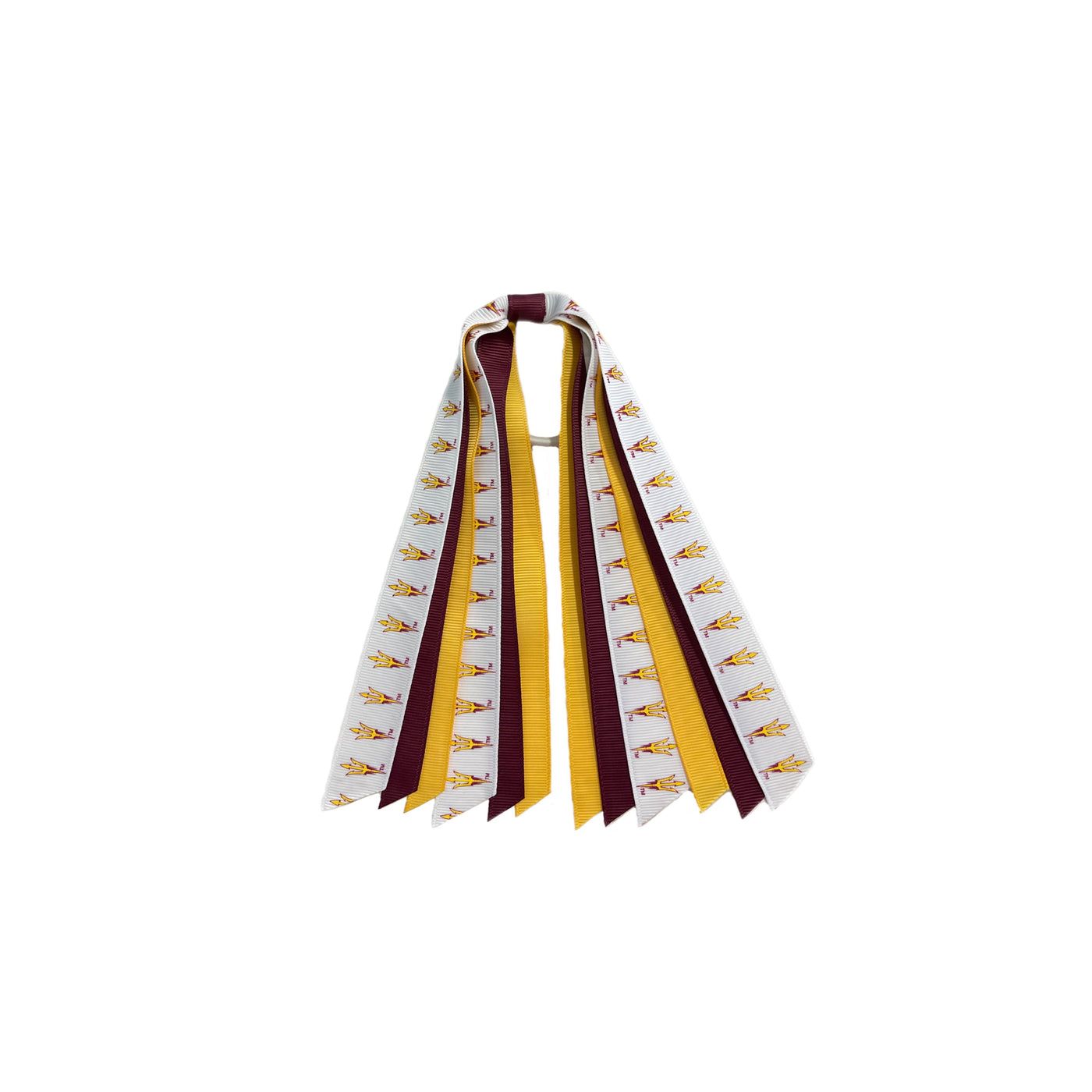 ASU hair tie with gold, maroon, and white with pitchfork ribbons attached.