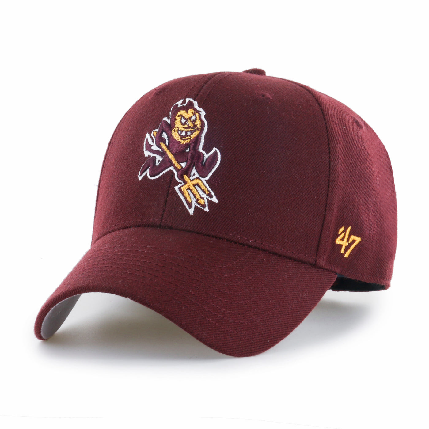 sparky on a maroon wool 47 brand ASU hat
