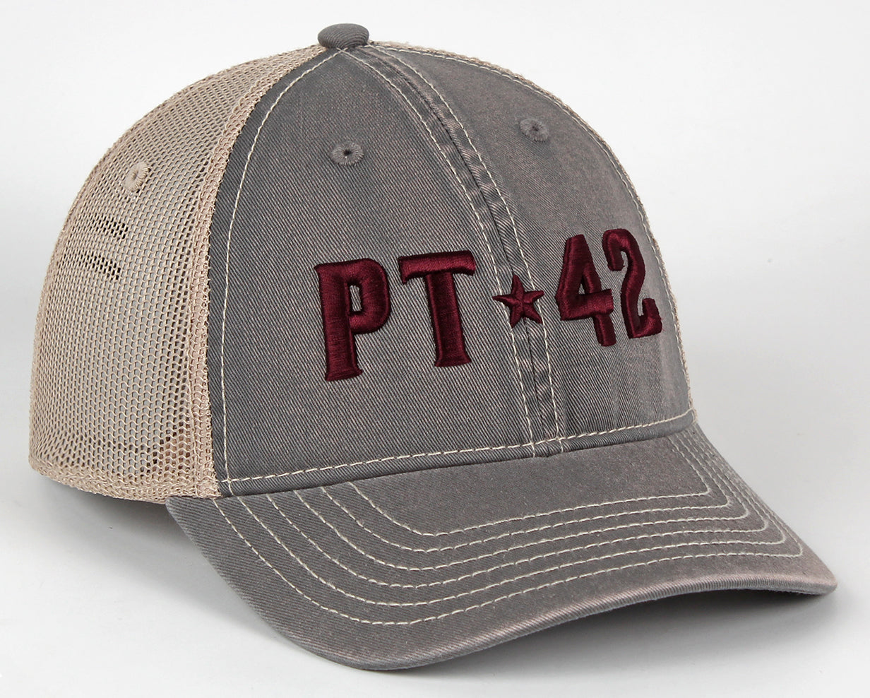 ASU gray adjustable trucker hat with 'PT' and '42' embroidered in maroon with a star in the middle for Pat Tillman