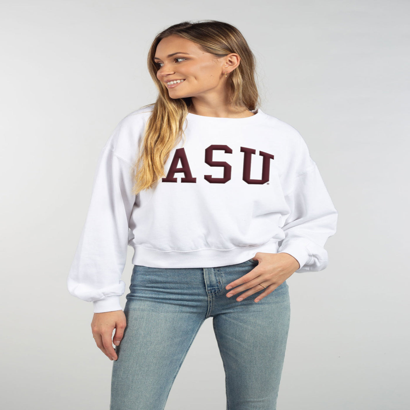 ASU white cropped crew neck with the maroon text 