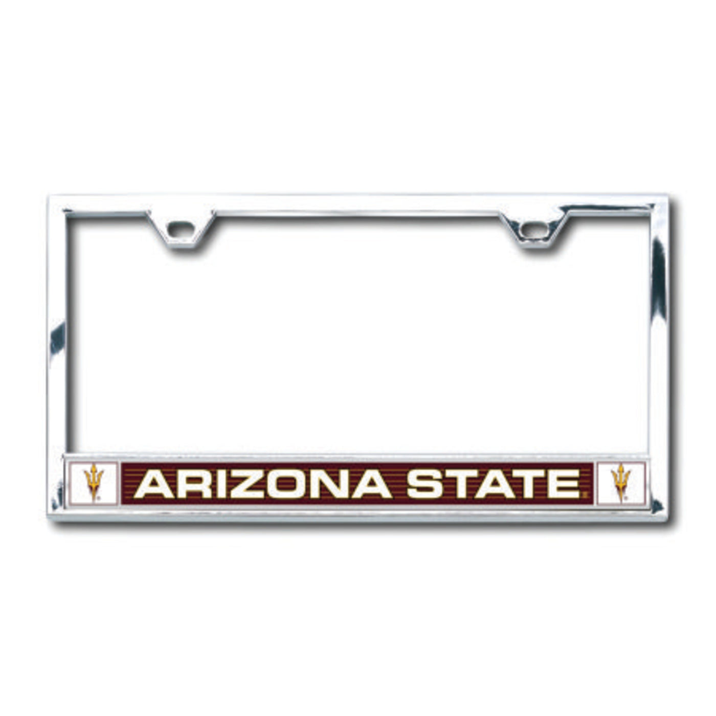 ASU license plate frame with pitchforks on either side of 'Arizona State' lettering with a maroon band