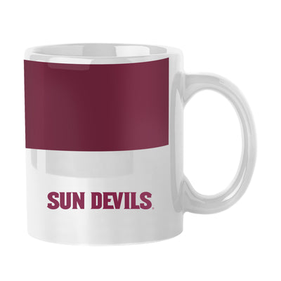 Back side of ASU white mug with a maroon block at the top 'Sun Devils' at the bottom