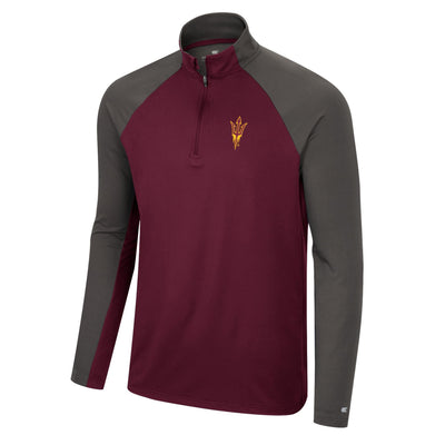 ASU maroon 1/4 zip with a pitchfork embroidered on the front and gray on the neck, shoulders, and upper arms